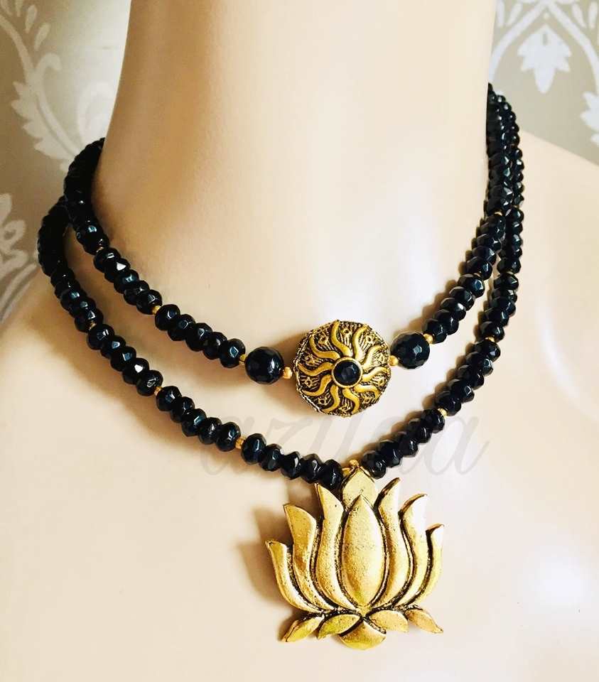 Lotus Black layered beaded necklace earring set gemstone jewelry