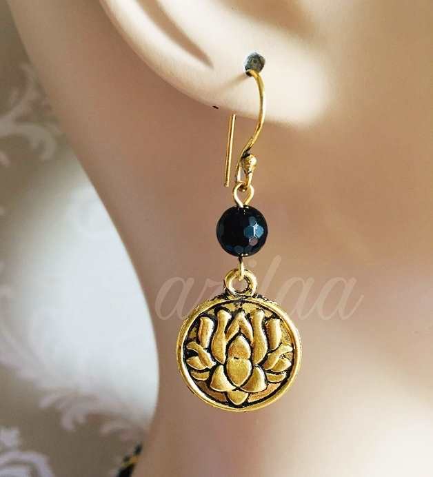 Lotus Black layered beaded necklace earring set gemstone jewelry