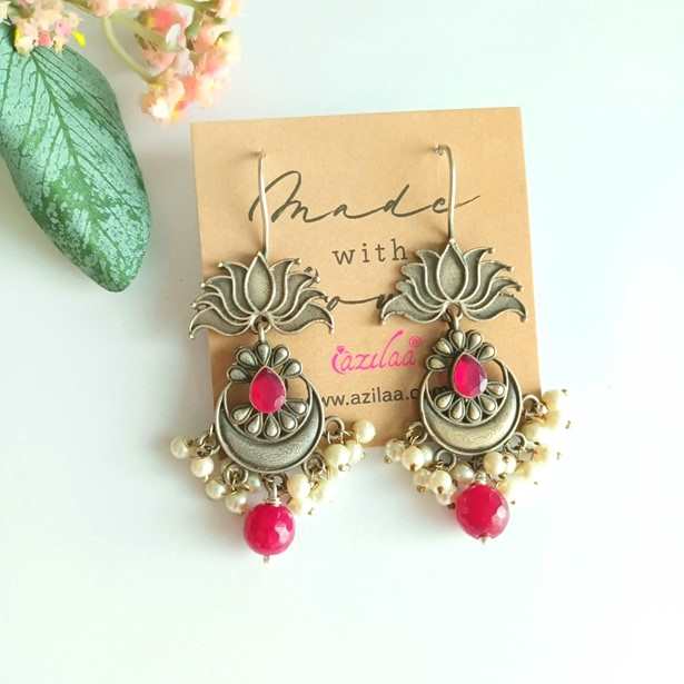 Lotus Ethnic ruby pink pearl designer earrings