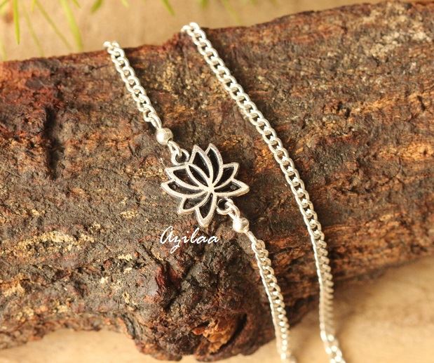 Lotus Flower charm Silver plated chain handmade Anklet