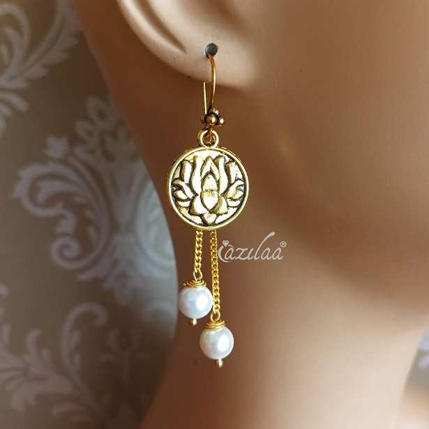 Lotus charm dangler antique golden earrings