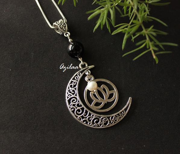 Lotus pearl charm moon black onyx pendant silver necklace