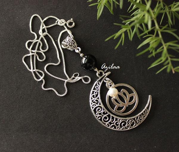 Lotus pearl charm moon black onyx pendant silver necklace