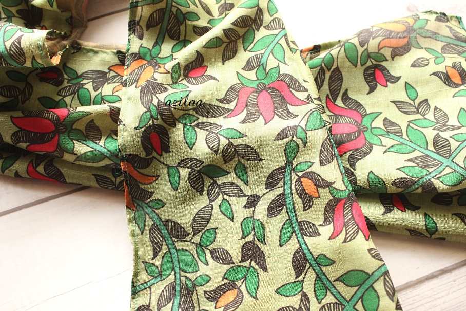 Lotus floral Madubani art Tusser silk scarf