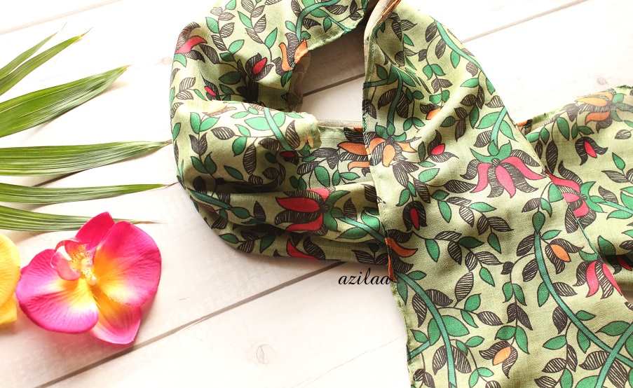 Lotus floral Madubani art Tusser silk scarf