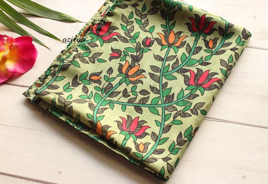 Lotus floral Madubani art Tusser silk scarf