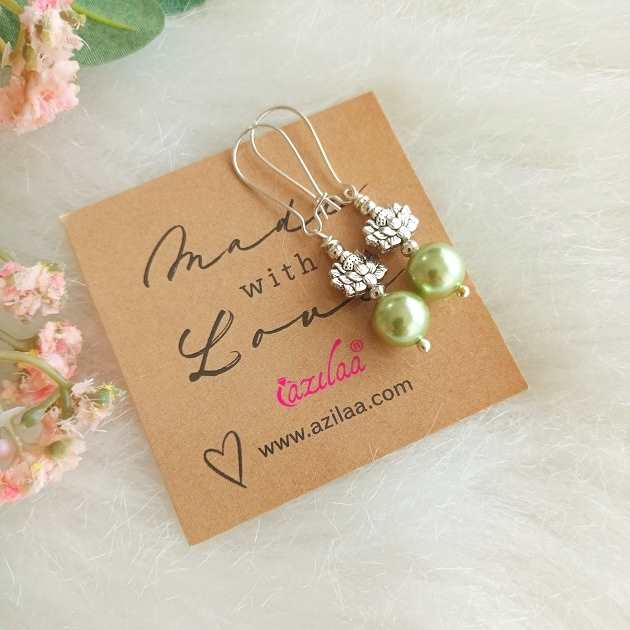 Lotus green pearl dangler silver tone earrings