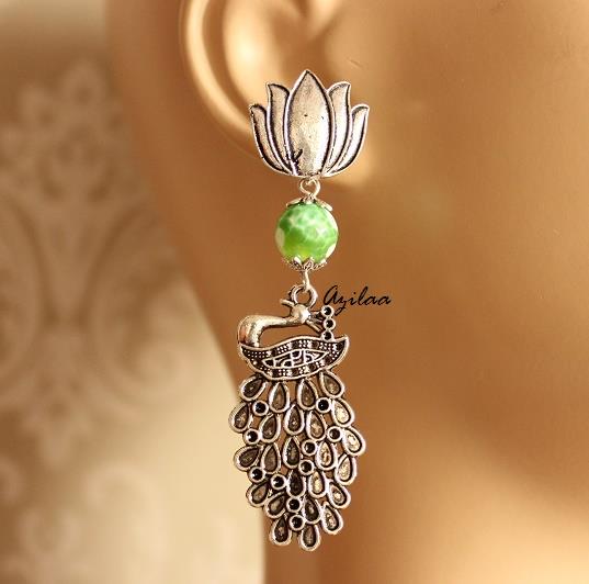 Lotus peacock charm  green agate beaded gemstone Earrings
