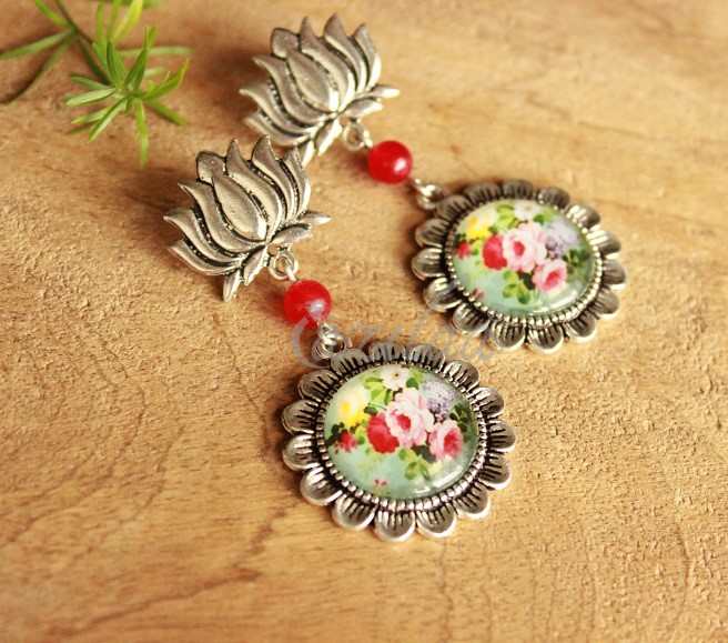 Lotus post red flower designer beaded earrings