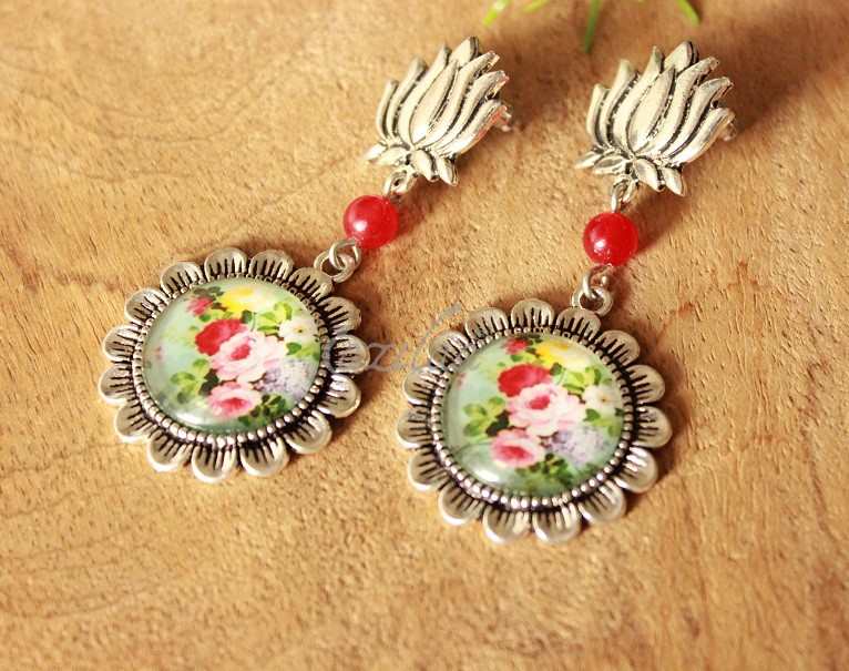 Lotus post red flower designer beaded earrings