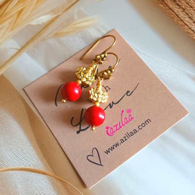 Lotus red pearl dangler charm earrings