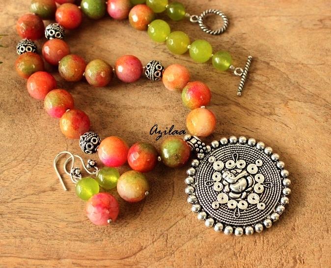 Multi green Ganesha designer gemstone handmade necklace set