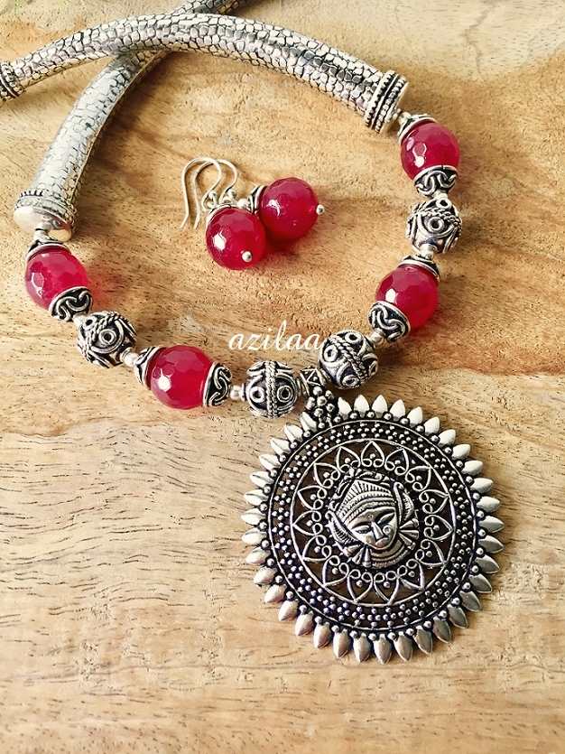 Maa Durga gemstone handmade maroon necklace set