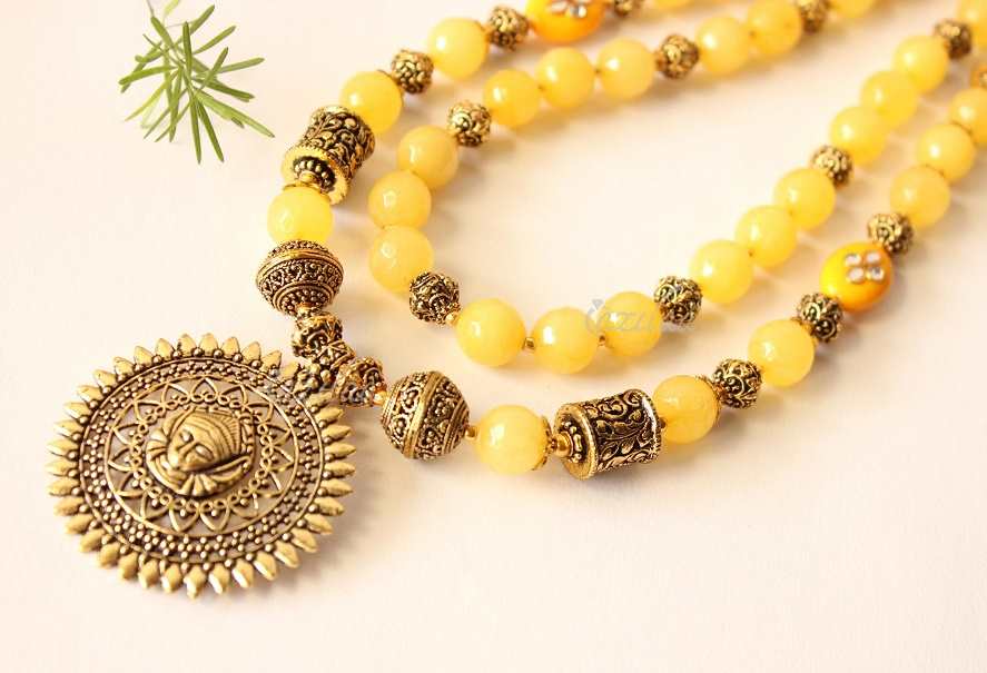 Maa Durga golden yellow gemstone handmade  necklace set