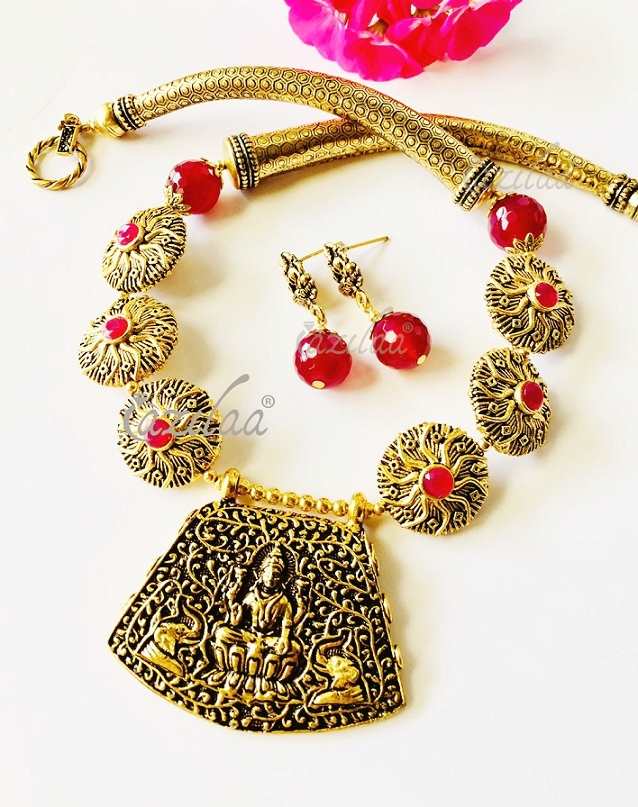 Maa Laxmi goddess maroon gemstone antique gold tone necklace set