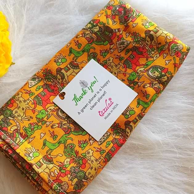 Madubani art bird yellow Tusser silk scarf 