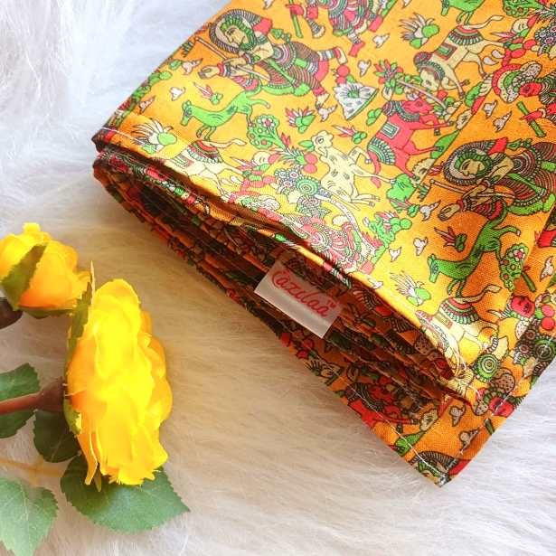 Madubani art bird yellow Tusser silk scarf 