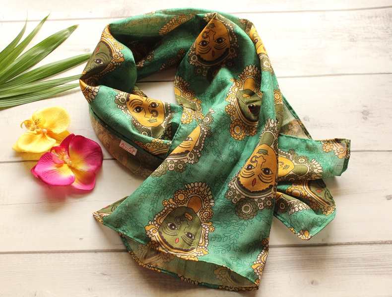 Madubani art green Tusser silk scarf
