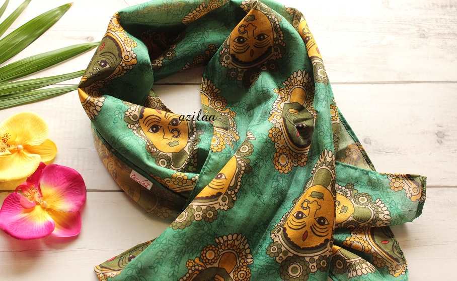 Madubani art green Tusser silk scarf