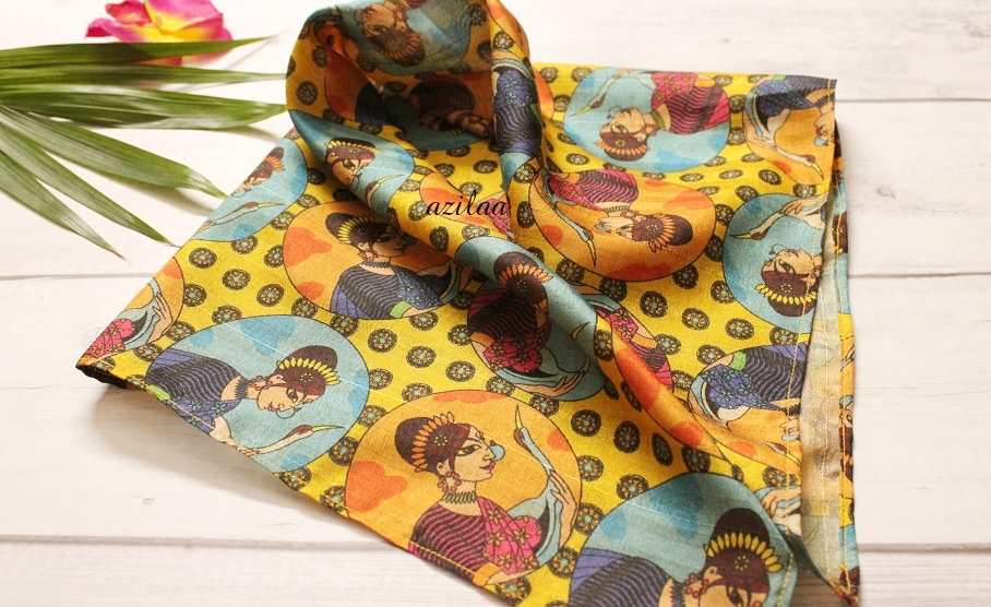 Madubani art yellow Tusser silk scarf square