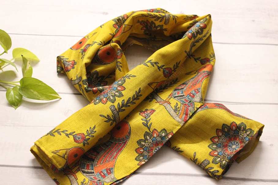 Madubani art bird yellow Tusser silk scarf 