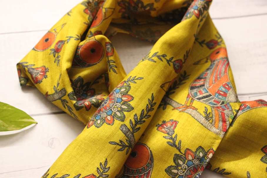 Madubani art bird yellow Tusser silk scarf 