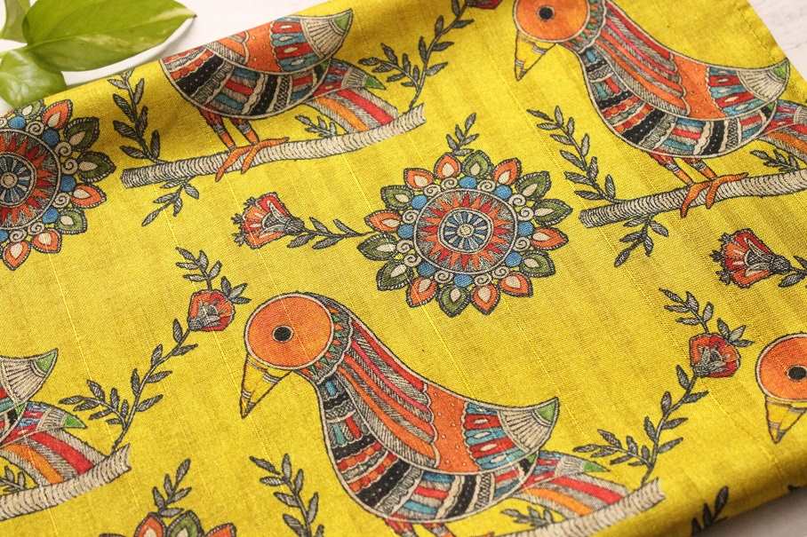 Madubani art bird yellow Tusser silk scarf 
