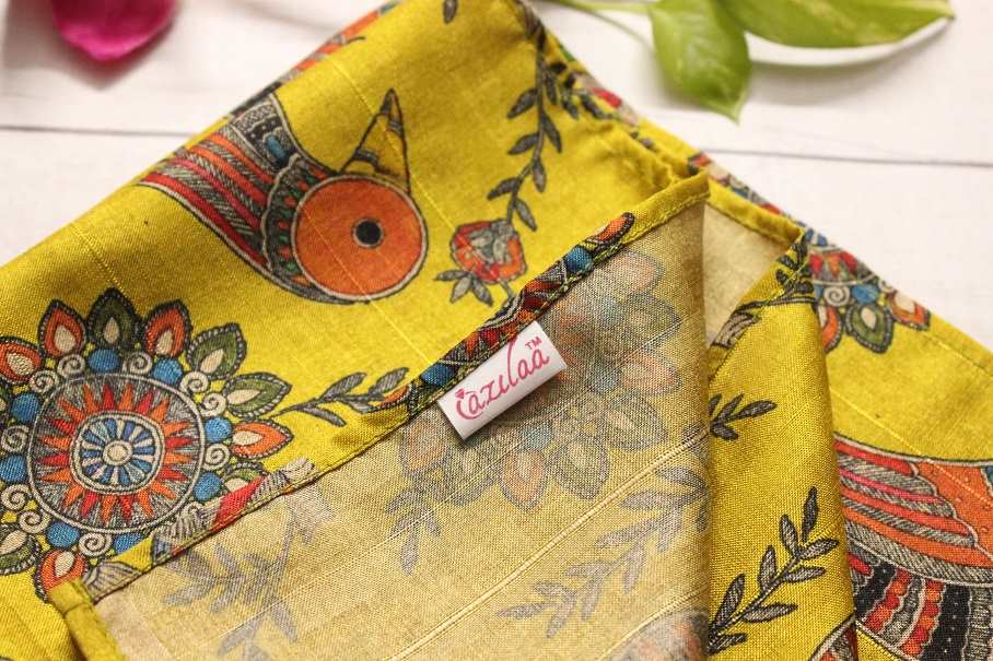 Madubani art bird yellow Tusser silk scarf 