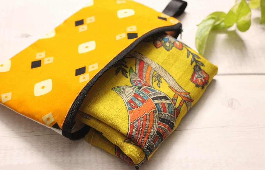 Madubani art bird yellow Tusser silk scarf 