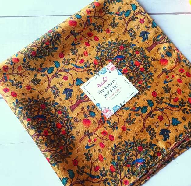 Madubani art yellow Tusser silk scarf square