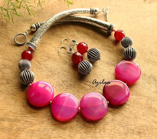 Magenta Pink Statement designer gemstone beaded necklace set