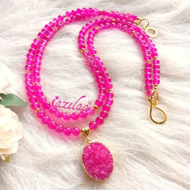 Magenta pink layered gemstone gold plated pendant necklace