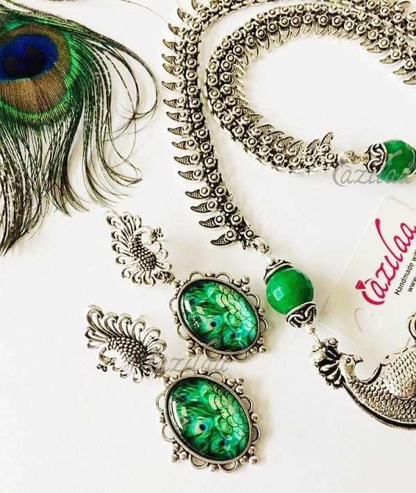Majestic Peacock green Statement handmade necklace set