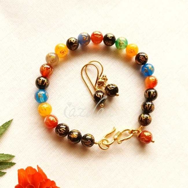 Mantra Om Mane Padme Hum chakra bracelet earrings set
