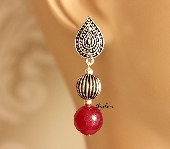 Maroon Beaded gemstone silver post earrings