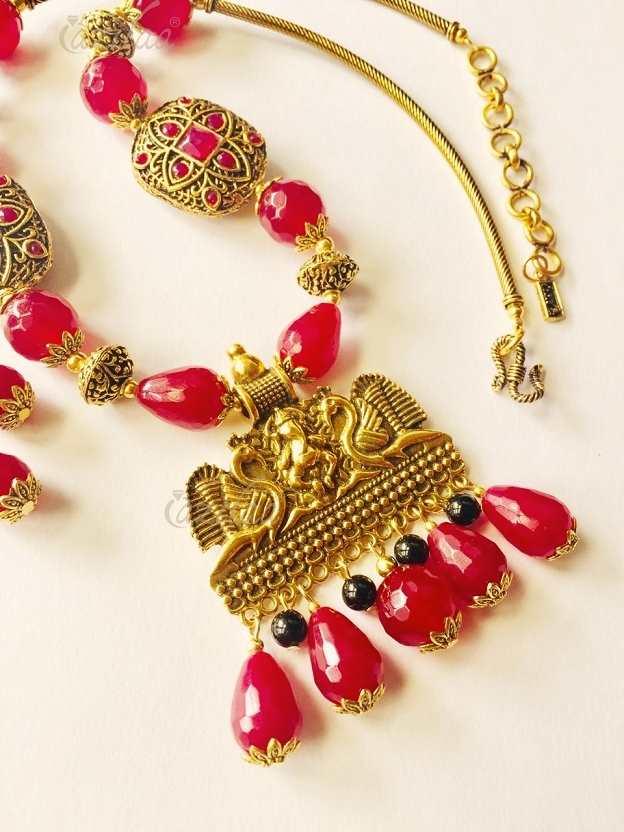 Maroon Ganesha necklace earrings, Antique gold necklace set