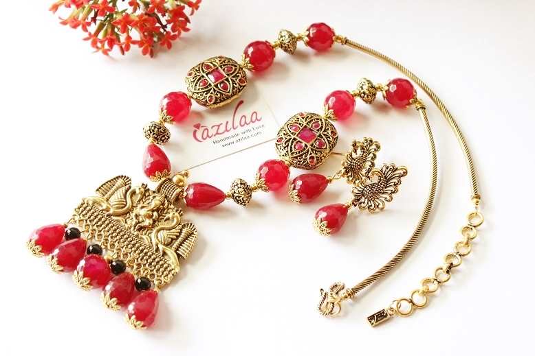 Maroon Ganesha necklace earrings, Antique gold necklace set