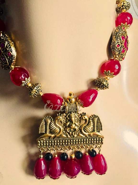 Maroon Ganesha necklace earrings, Antique gold necklace set