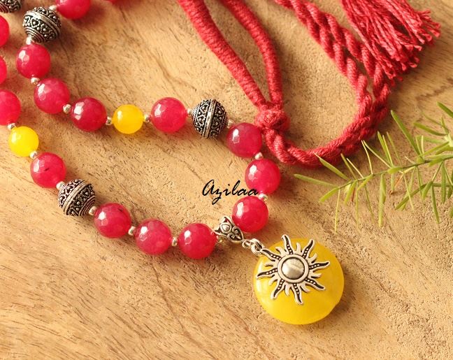 Maroon Gemstone beaded agate handmade Sun necklace set