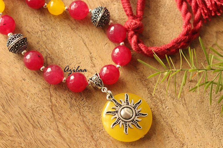 Maroon Gemstone beaded agate handmade Sun necklace set