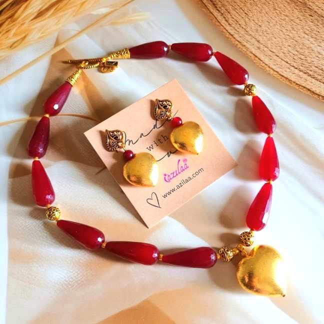 Maroon Golden Heart gemstone handmade beaded necklace set
