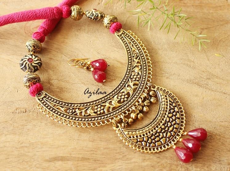 Maroon statement ethnic antique gold tone necklace earrings set