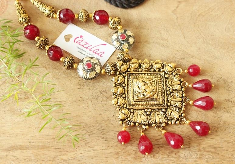 Maroon necklace set antique gold Lakshmi Ganesh pendant