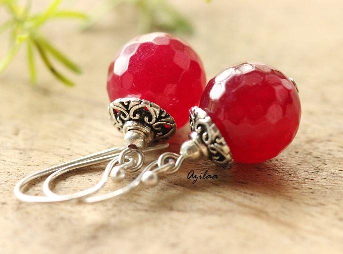 Maroon color gemstone silver beaded earrings