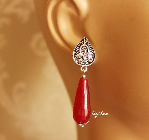 Maroon drop silvertone gemstone handmade earrings