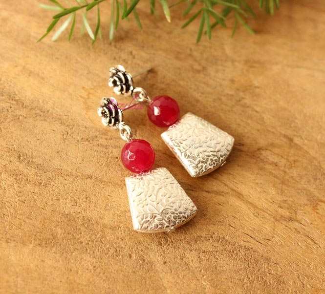 Maroon flower Designer silver gemstone earrings