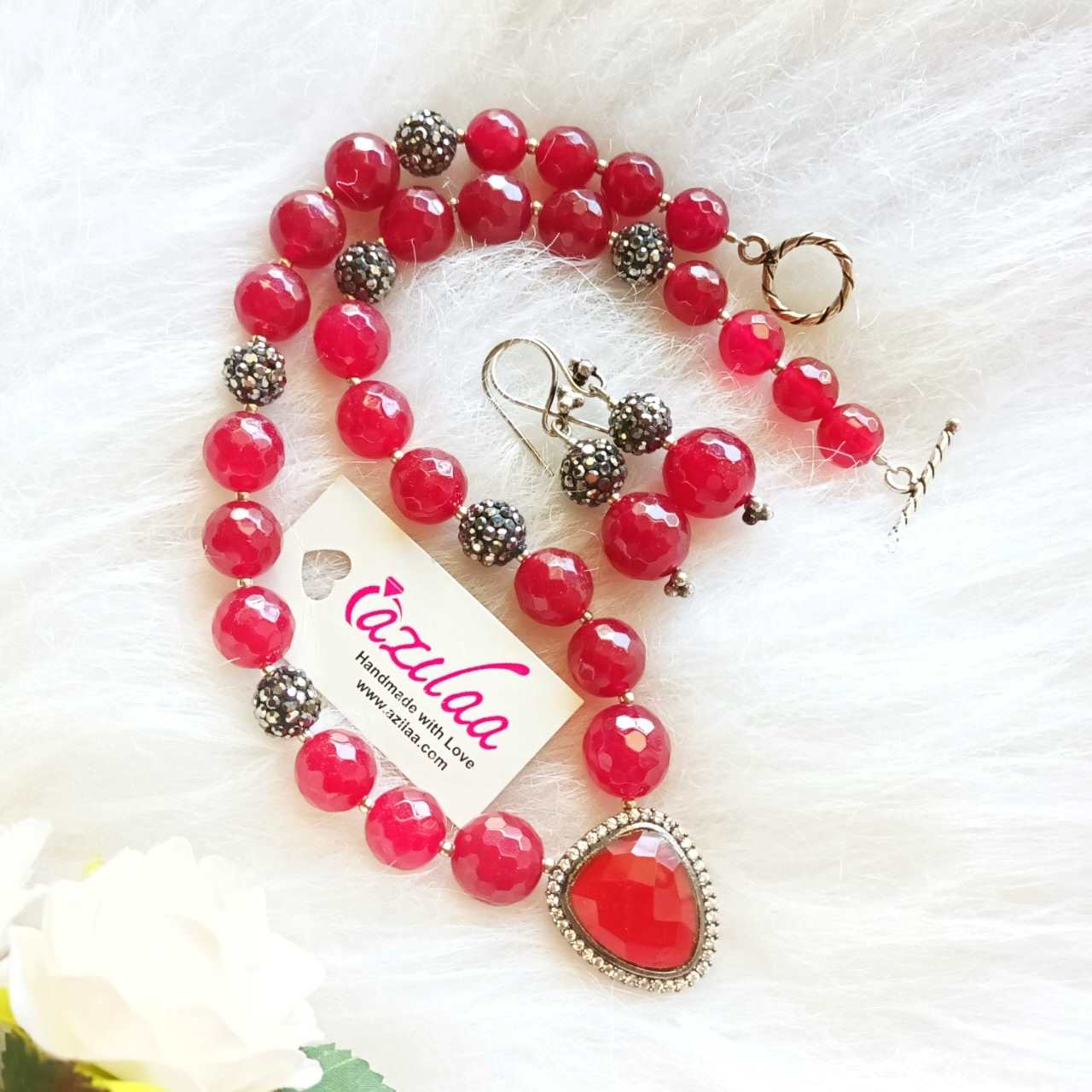 Maroon gemstone cz pendant  necklace earrings