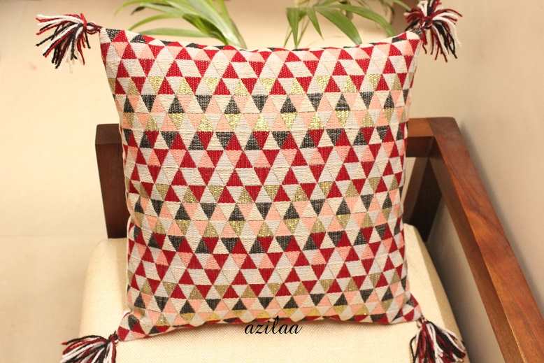 Maroon geometric orange handloom handmade cushion cover 