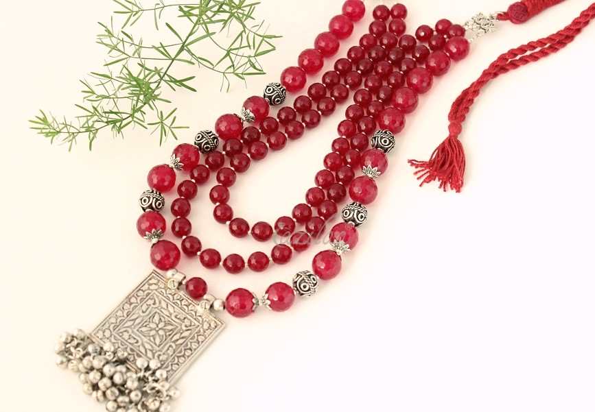 Maroon layered gemstone beaded handmade necklace 
