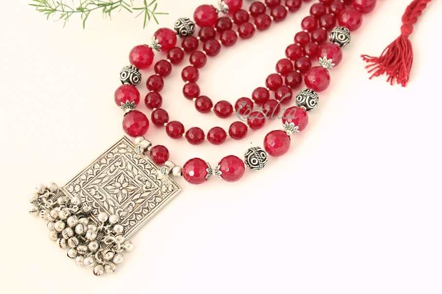 Maroon layered gemstone beaded handmade necklace 